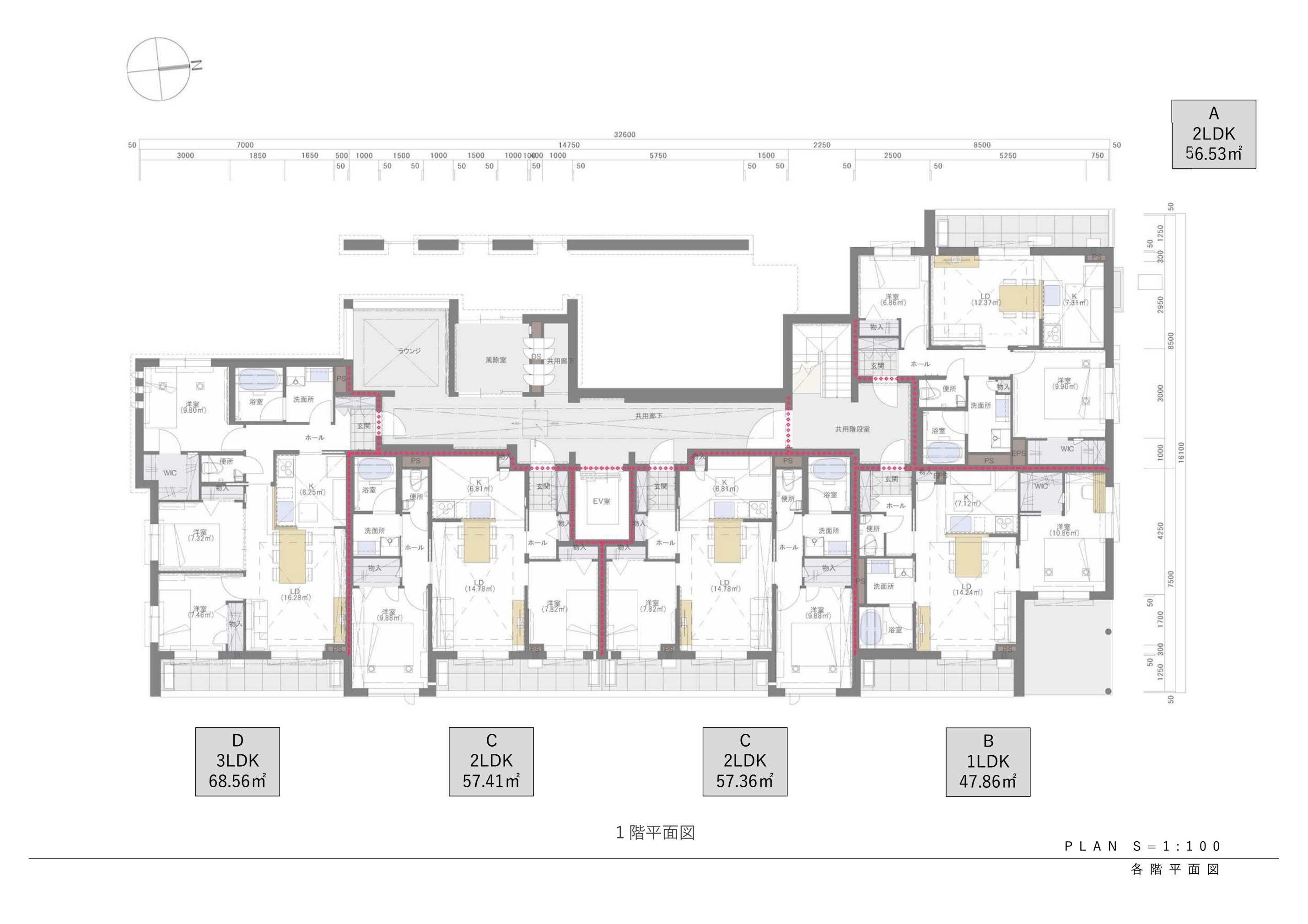 1階平面図：PLAN S=1:100 資料原図