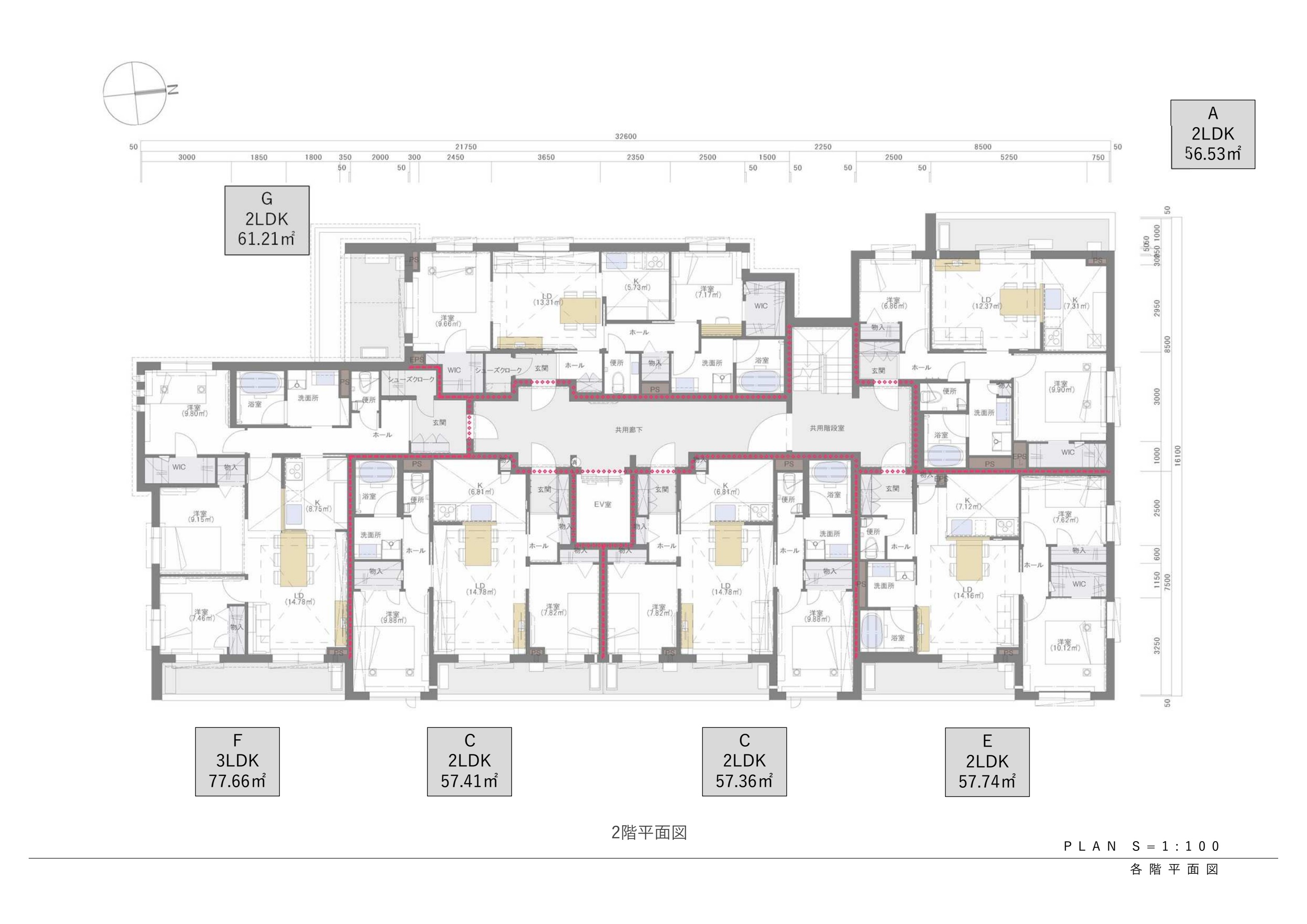 2階平面図：PLAN S=1:100 資料原図