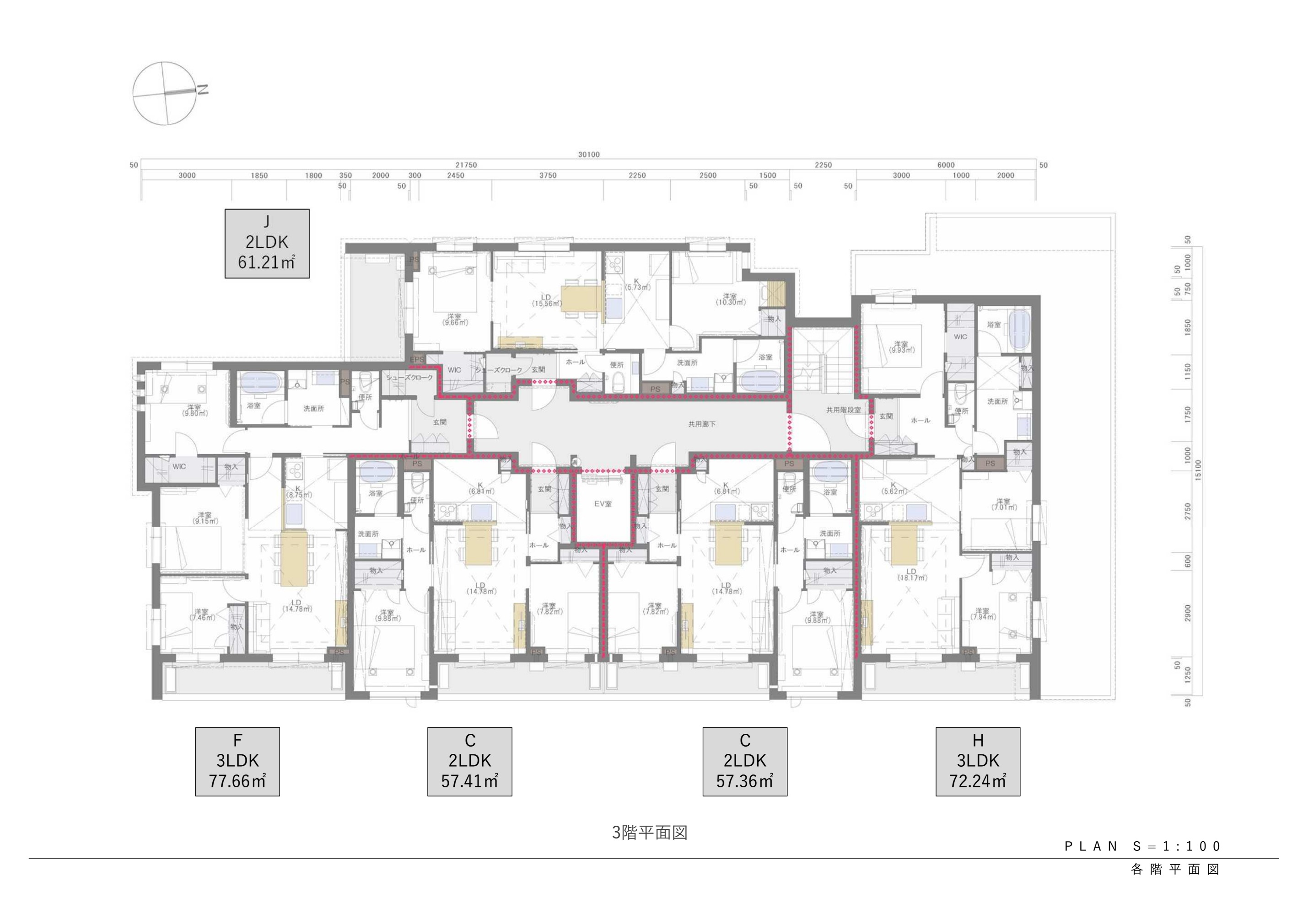 3階平面図：PLAN S=1:100 資料原図