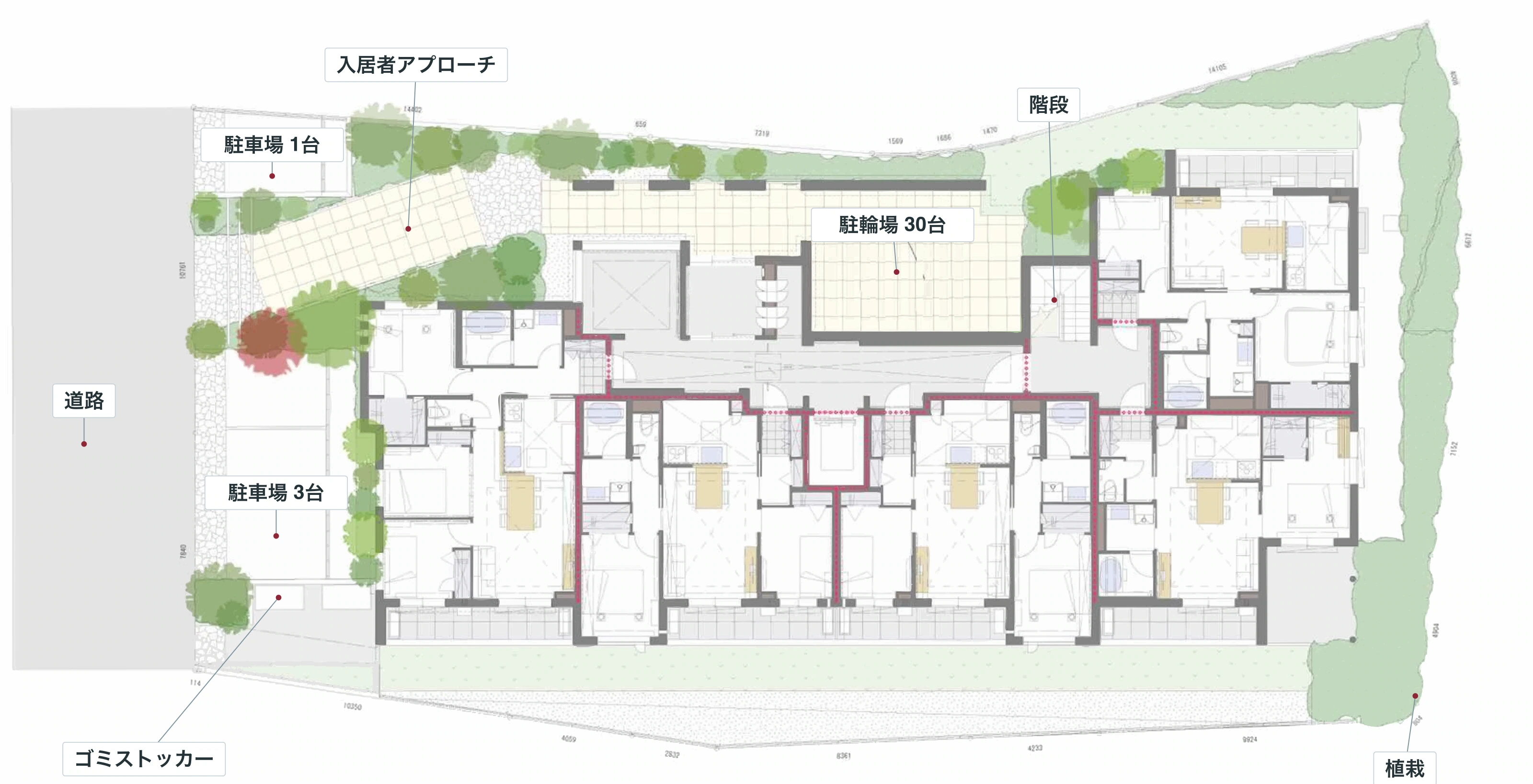 原図の家具・建具・柱・階段・植栽の位置を保持した配置図